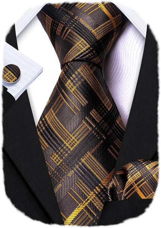 Plaid Necktie Set with Handkerchief Cufflinks 