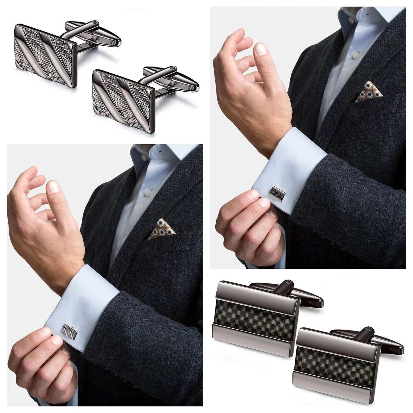 6 Pairs Silver & Black Cufflinks