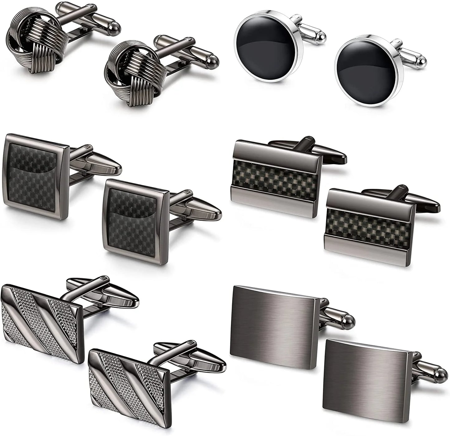 6 Pairs Silver & Black Cufflinks