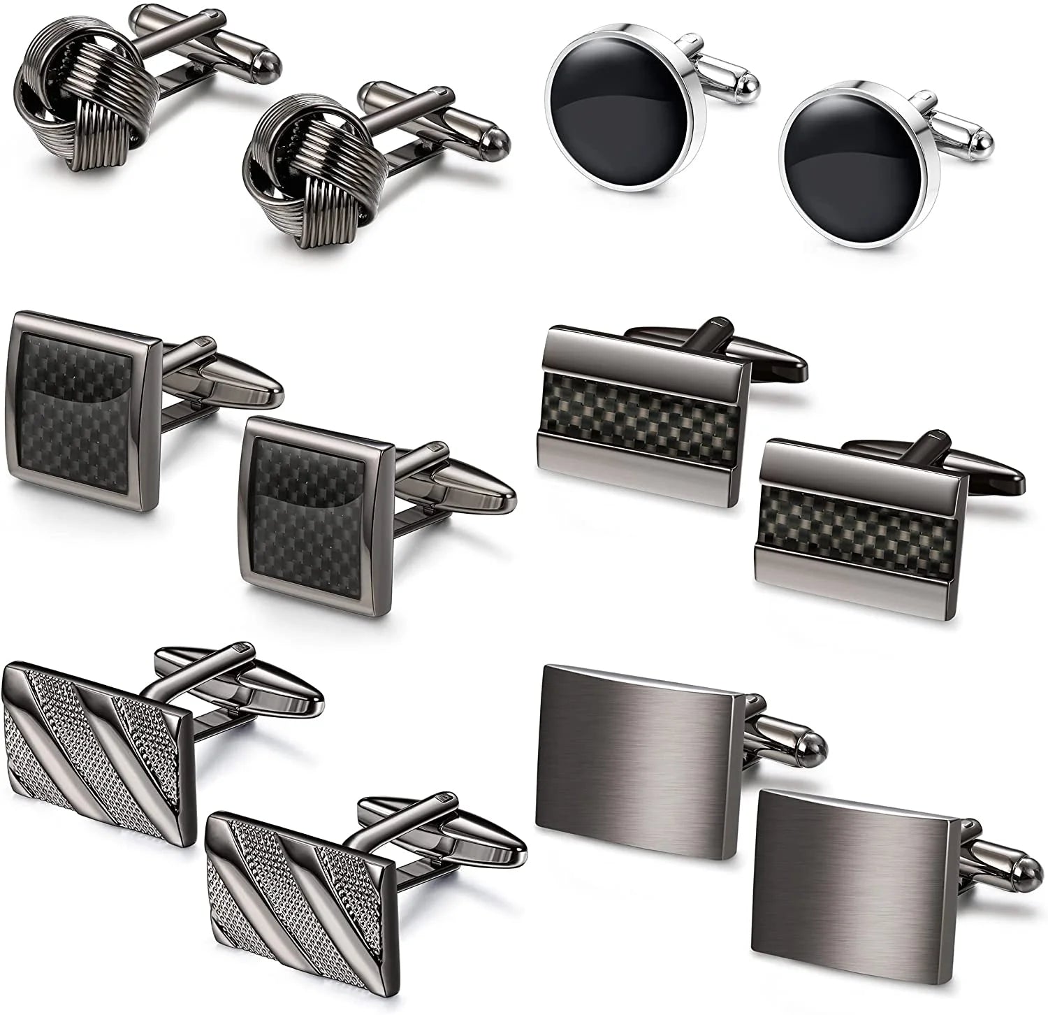 6 Pairs Silver & Black Cufflinks